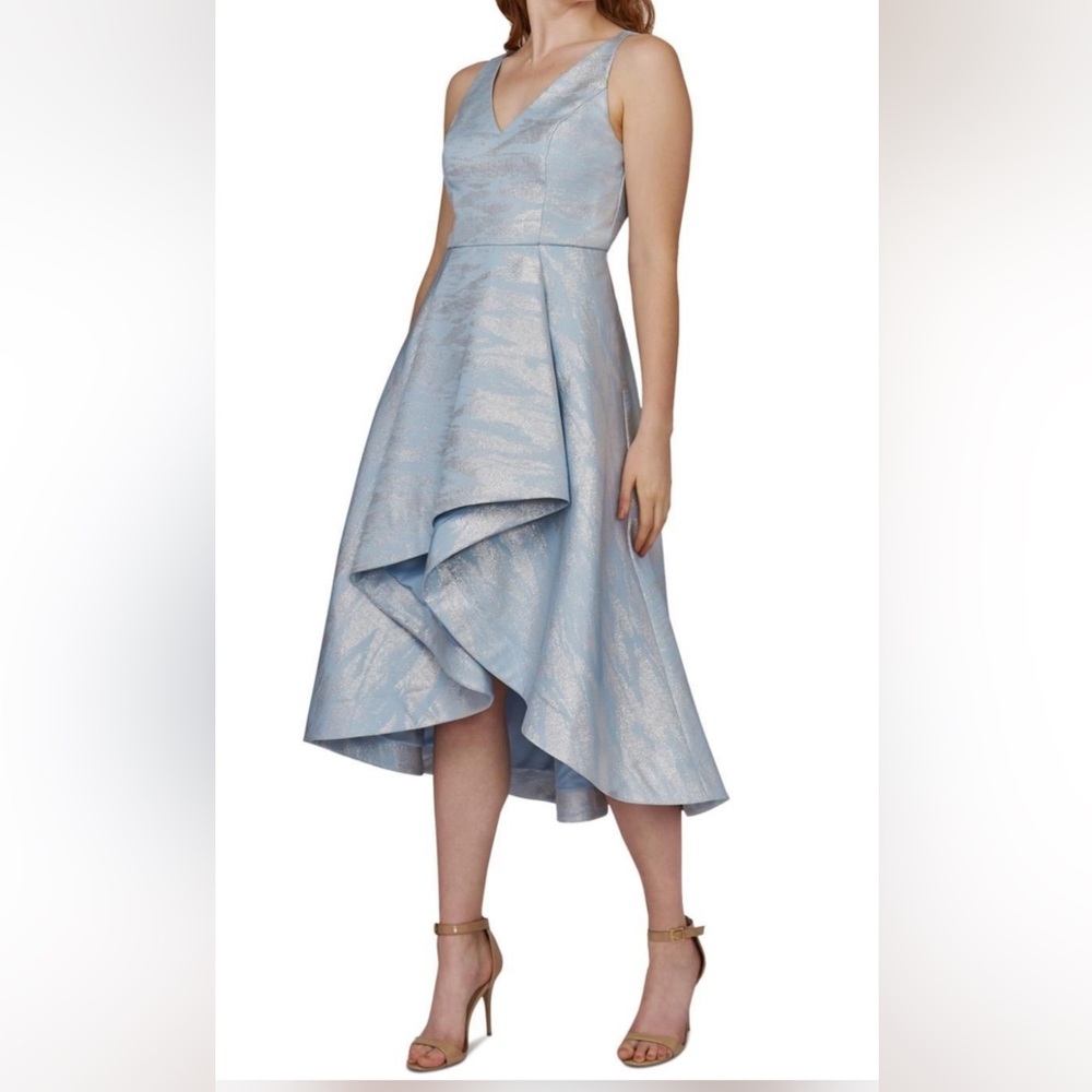 Adrianna Papell 2P Blue Silver Metallic Jacquard Formal Sleek Romantic Dress New